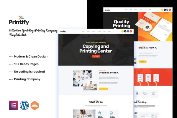 Printify printing company Elementor template kit preview