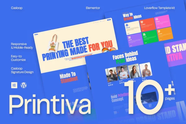 Printiva Elementor template kit cover showing colorful printing service website layouts