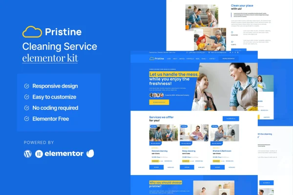 Pristine cleaning service Elementor template kit cover image