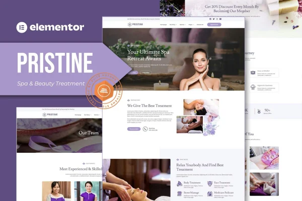 Pristine spa and beauty treatment Elementor template kit preview