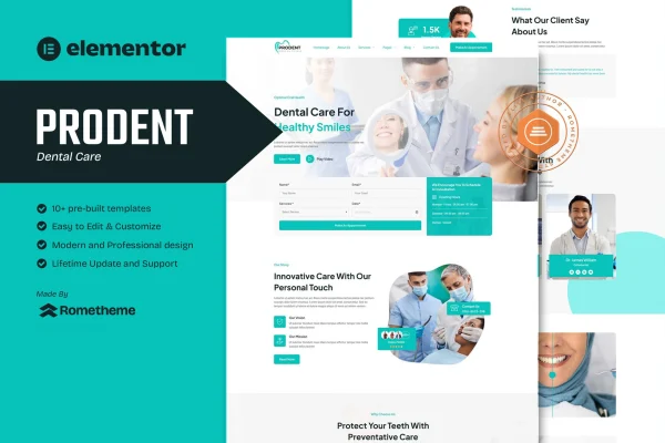 Prodent dental care Elementor template kit preview