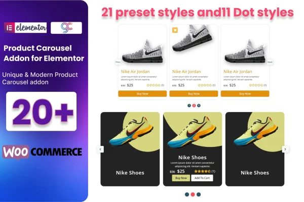 Product Carousel plugin banner showing WooCommerce product sliders for Elementor
