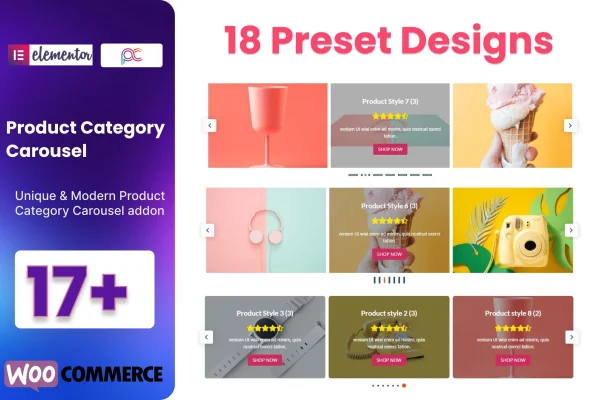Product Category Carousel plugin banner showing WooCommerce category carousel designs