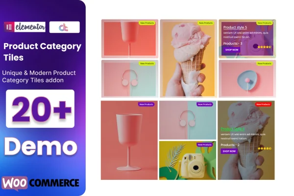Product Tiles Cat plugin banner showing WooCommerce product category tiles