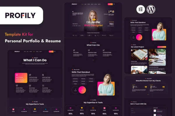 Profily Elementor template kit cover showing personal portfolio and resume page layouts