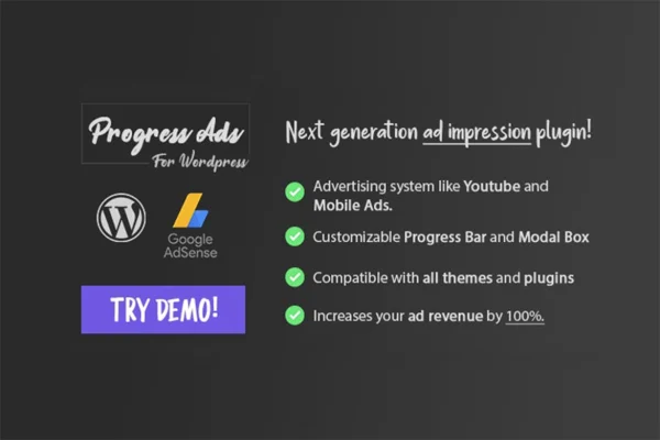 Progress Ads WordPress ad plugin banner with progress bar modal