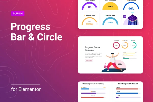 Progresser for Elementor plugin banner with line, circular and semicircular progress bars