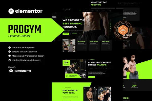 Progym personal trainer and fitness Elementor template kit preview