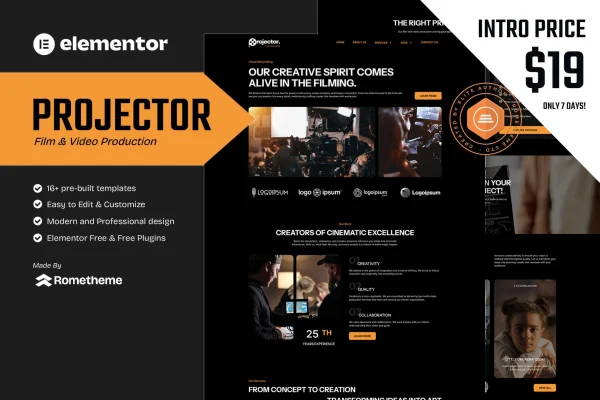 Projector film and video production Elementor template kit cover image