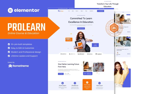 Prolearn online course and education Elementor template kit preview