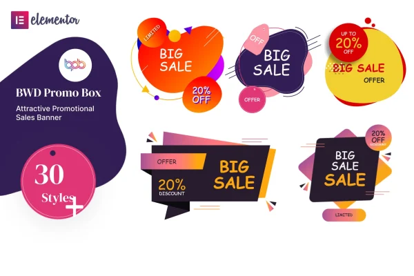 Promo Box Elementor addon banner with sample promotional box designs