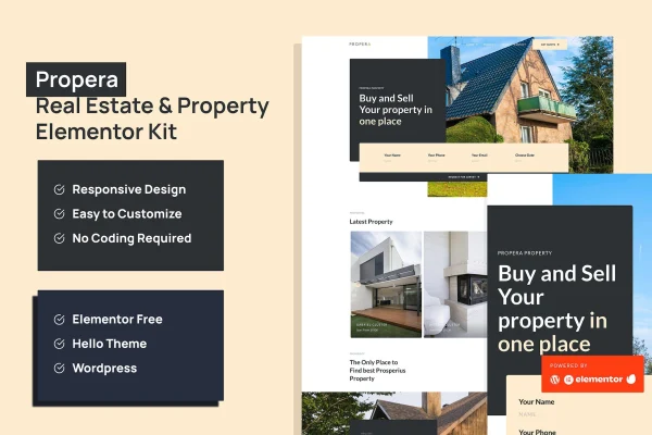 Propera real estate Elementor template kit cover showing property website page layouts