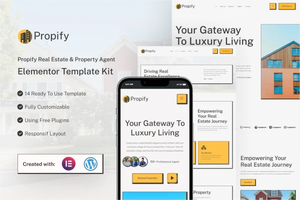 Propify real estate Elementor template kit preview with property listing layouts