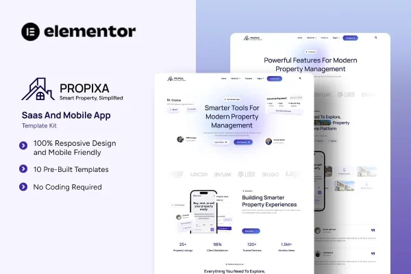 Propixa SaaS and mobile app Elementor template kit preview