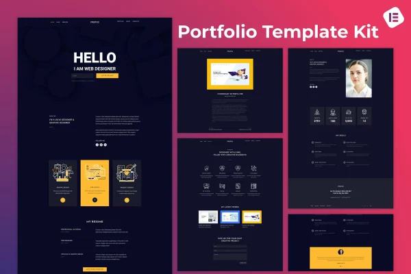 Propus web designer portfolio Elementor template kit preview
