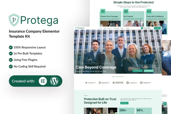 Protega insurance company Elementor template kit preview