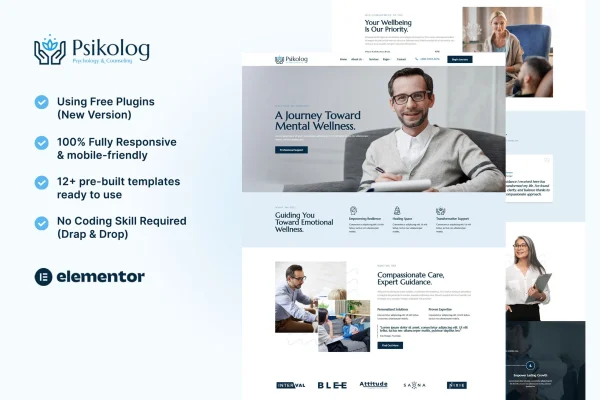 Psikolog psychology and counseling Elementor template kit preview