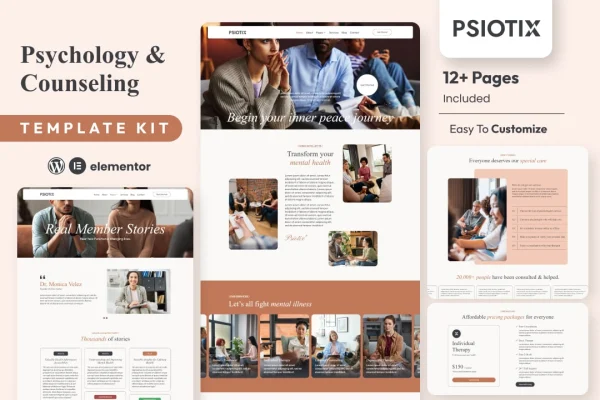 Psiotix Elementor template kit preview for psychologist and hypnotherapy websites