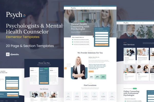 Psych mental health counselor Elementor template kit page previews