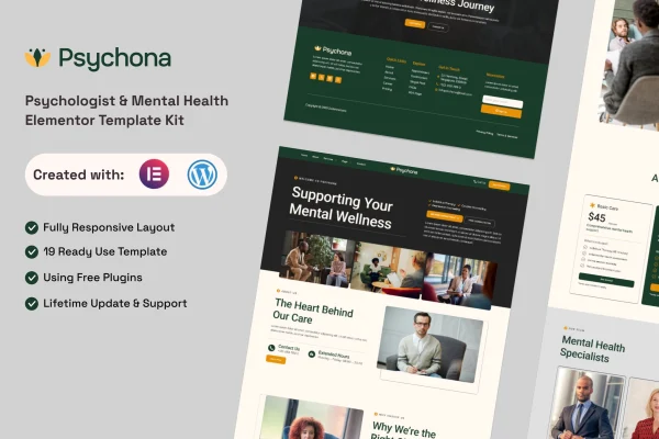 Psychona psychologist and mental health Elementor template kit cover image