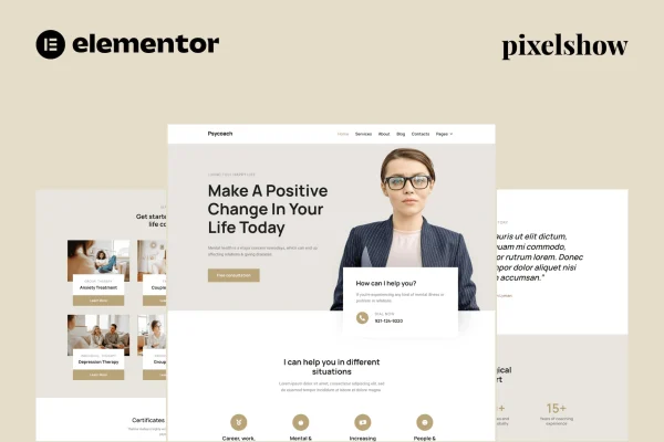 Psycoach life coach and psychologist Elementor template kit preview