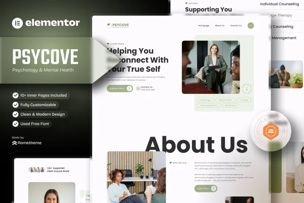 Psycove psychology and mental health Elementor template kit preview