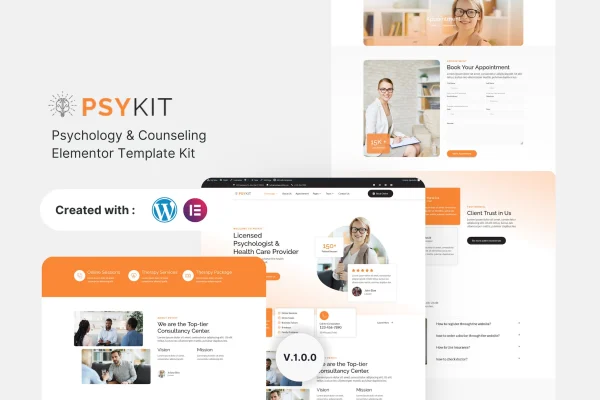 Psykit psychology and counseling Elementor template kit preview showing page layouts