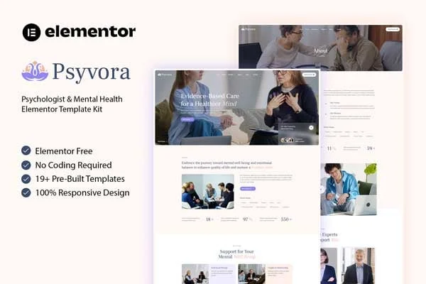 Psyvora psychologist and mental health Elementor template kit preview