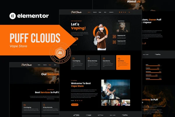 Puff Clouds vape store Elementor template kit preview with dark themed pages