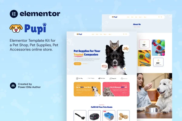 Pupi pet shop and pet supplies Elementor template kit preview