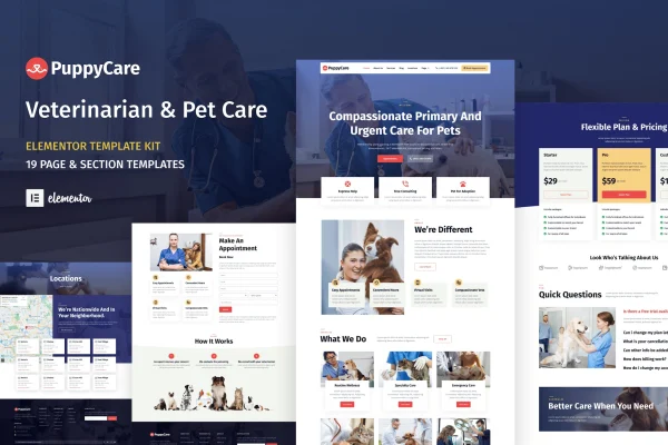 PuppyCare veterinary and pet care Elementor template kit preview
