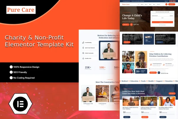 Purecare charity Elementor template kit preview