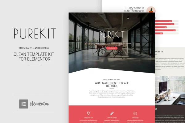 Purekit Elementor template kit preview showing clean portfolio page designs