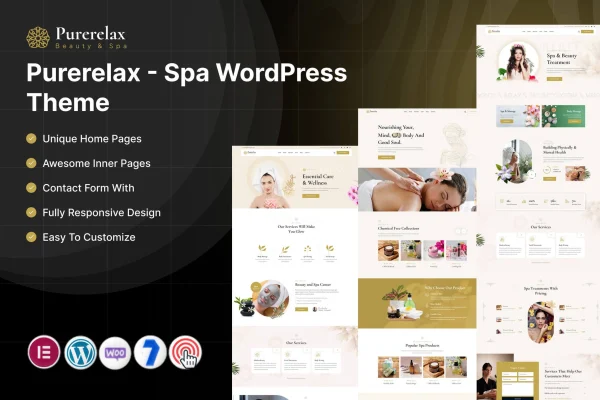 Purerelax spa WordPress theme preview with a calm wellness layout