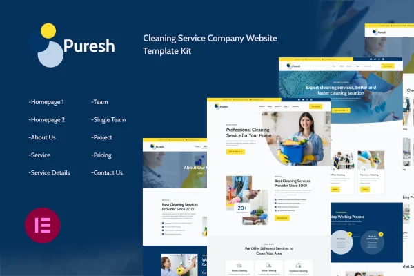 Puresh cleaning services company Elementor template kit preview