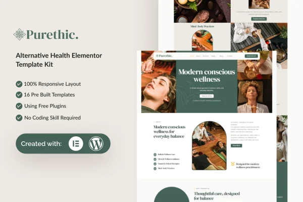Purethic alternative health Elementor template kit page previews