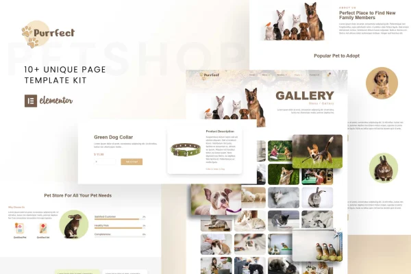 Purrfect pet shop Elementor template kit cover showing website page layouts