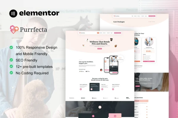 Purrfecta veterinary and pet care Elementor template kit preview