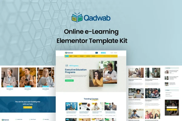 Qadwab online e-learning Elementor template kit page previews