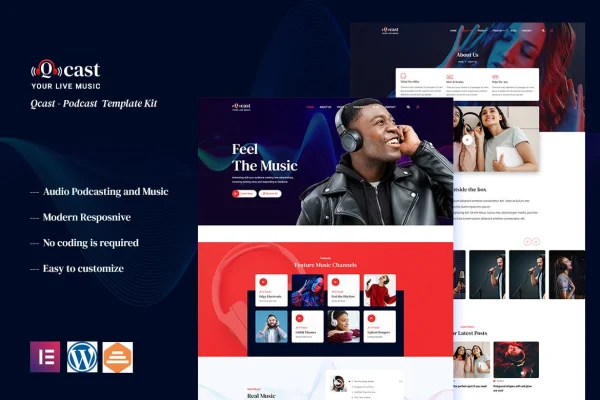 Qcast podcast and music Elementor template kit preview