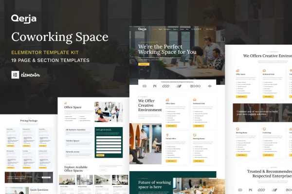 Qerja coworking space Elementor template kit preview