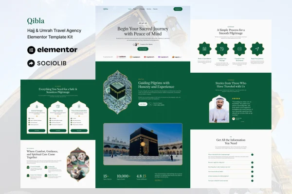 Qibla Hajj and Umrah travel agency Elementor template kit preview