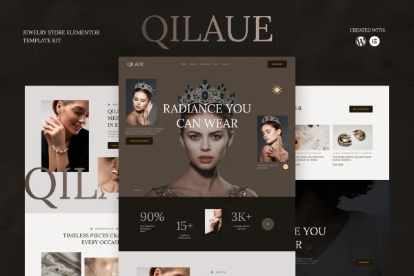 Qilaue jewelry store Elementor template kit cover with elegant page layouts