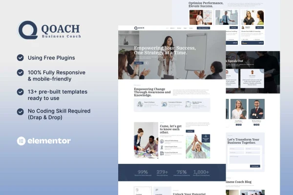 Qoach women's business coaching Elementor template kit preview