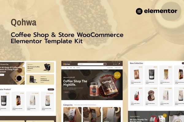 Qohwa coffee shop and store Elementor template kit preview