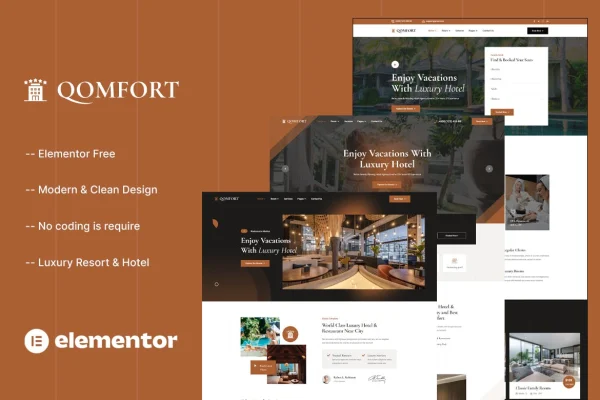 Qomfort hotel booking Elementor template kit preview with hotel page layouts