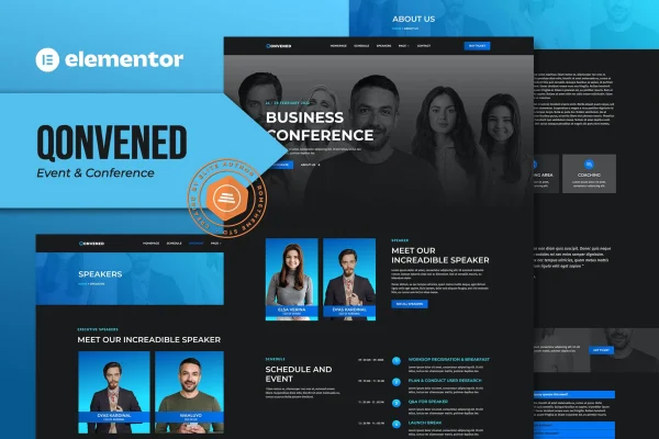 Qonvened event and conference Elementor template kit page previews