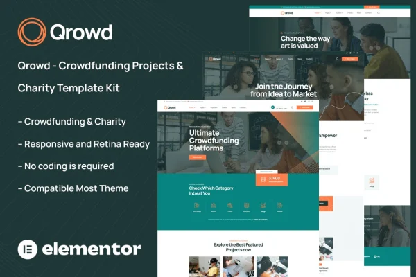 Qrowd crowdfunding and charity Elementor template kit cover image