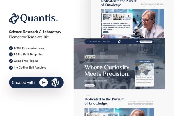 Quantis science research and laboratory Elementor template kit preview