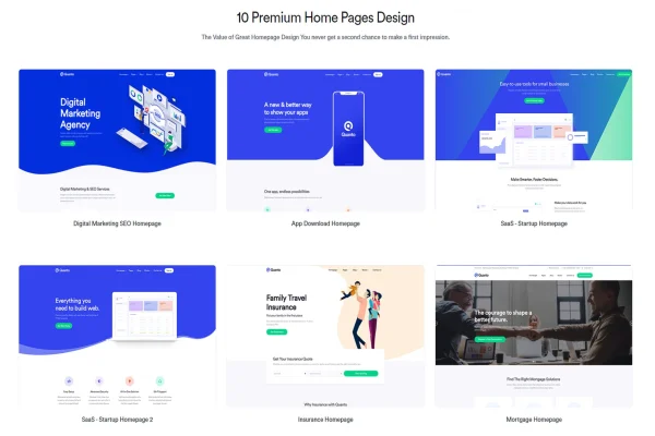 Quanto business WordPress theme preview with homepage layouts
